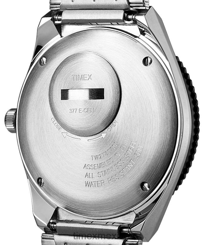 relojes | Q Timex Reedición de reloj con pulsera de acero inoxidable de 38 mm. hombres P08BBP283 acero inoxidable/azul/naranja