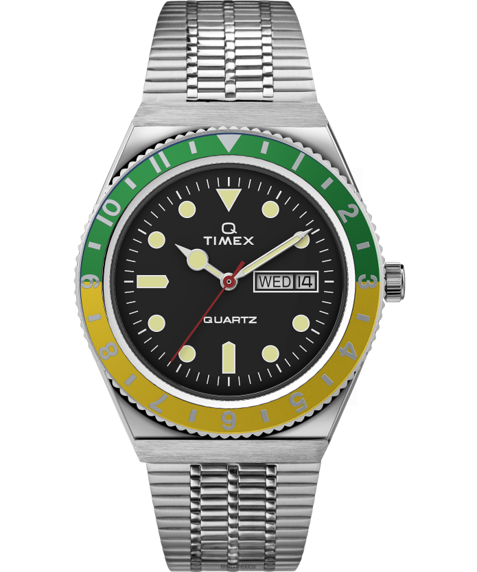 relojes | Q Timex Reedición de reloj con pulsera de acero inoxidable de 38 mm. hombres P08BBP286 acero inoxidable/negro/verde/amarillo