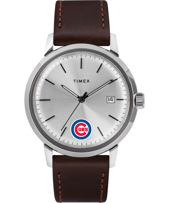 relojes | Timex Reloj Marlin automático de 40 mm con correa de cuero y diseño de los Chicago Cubs. hombres P08BBP295 acero inoxidable/marrón/tono plateado