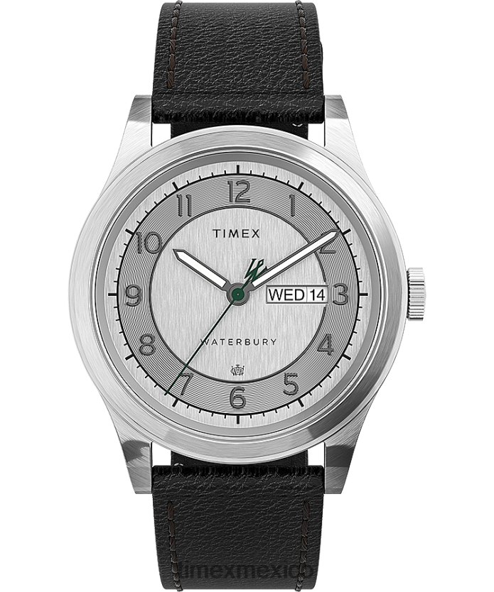relojes | Timex Reloj Waterbury tradicional con fecha y día de 39 mm con correa de cuero hombres P08BBP289 acero inoxidable/negro/tono plateado