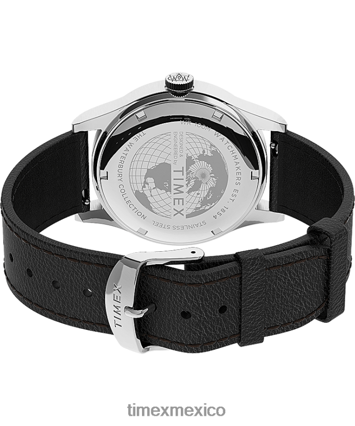 relojes | Timex Reloj Waterbury tradicional con fecha y día de 39 mm con correa de cuero hombres P08BBP289 acero inoxidable/negro/tono plateado