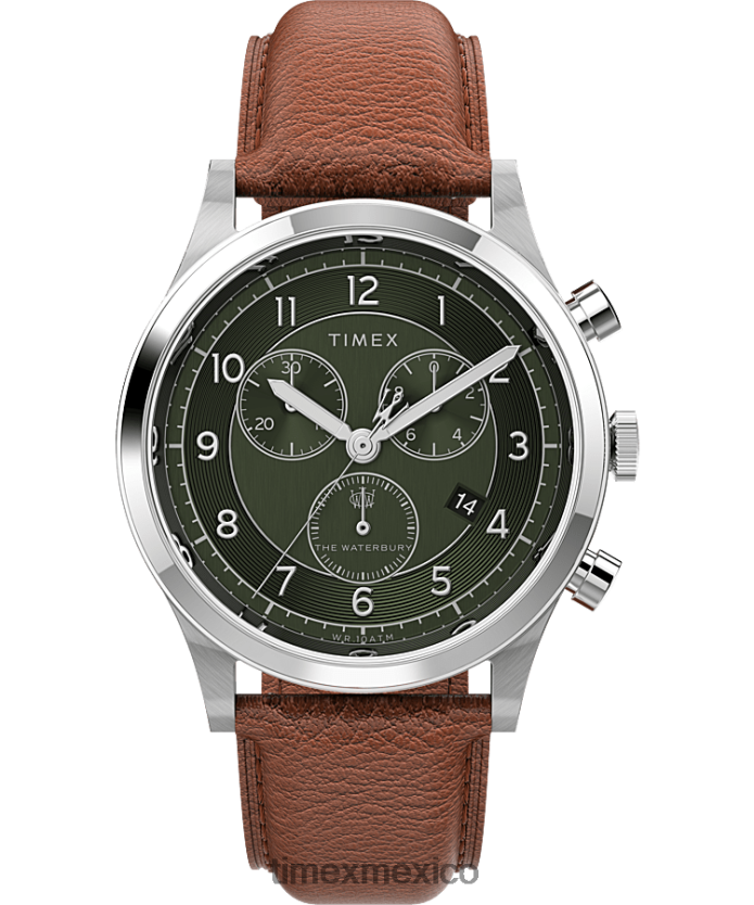 relojes | Timex Reloj cronógrafo tradicional Waterbury de 42 mm con correa de cuero. hombres P08BBP296 acero inoxidable/bronceado/verde