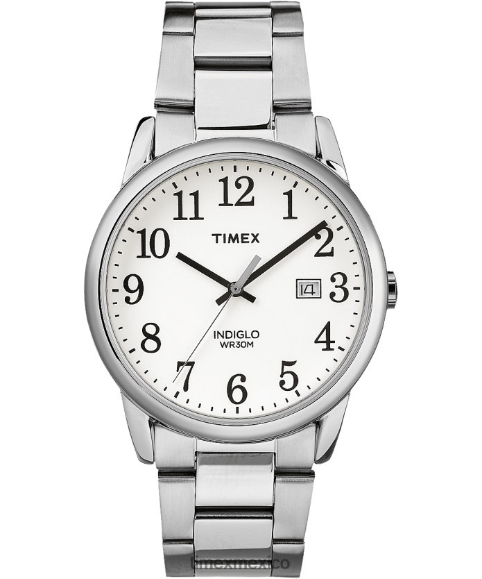 relojes | Timex reloj con pulsera de 38 mm y fecha de lectura fácil hombres P08BBP319 tono plateado/blanco