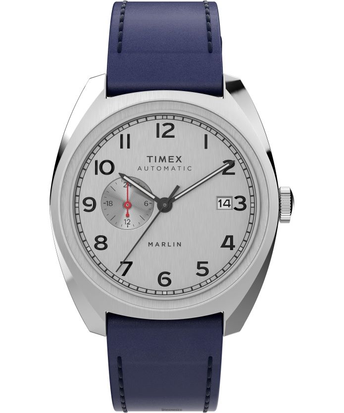 relojes | Timex Reloj Marlin automático con subesfera de 39 mm y correa de cuero. hombres P08BBP38 acero inoxidable/azul/tono plateado