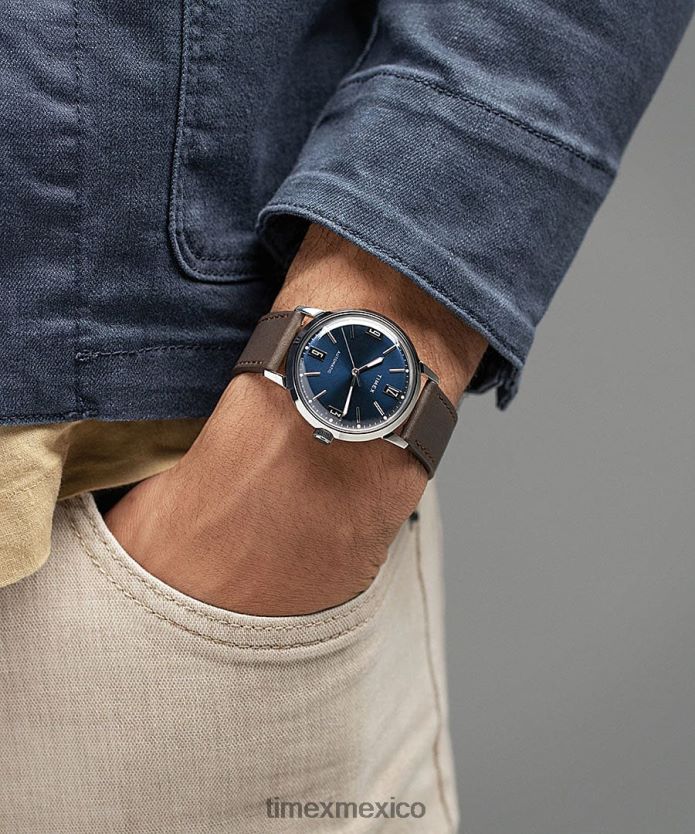 relojes | Timex Reloj Marlin automático de 40 mm con correa de piel. hombres P08BBP54 acero inoxidable/marrón/azul