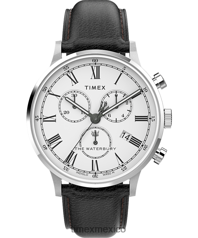 relojes | Timex Reloj cronógrafo clásico Waterbury de 40 mm con correa de cuero. hombres P08BBP106 acero inoxidable/negro/blanco