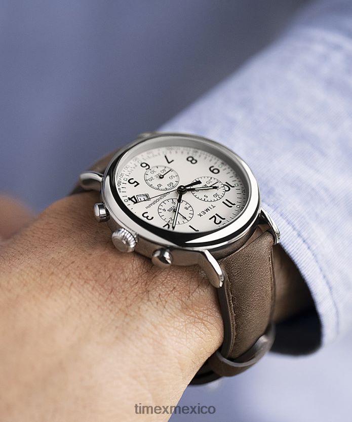 relojes | Timex Reloj cronógrafo estándar de 41 mm con correa de cuero. hombres P08BBP101 tono plateado/marrón/verde