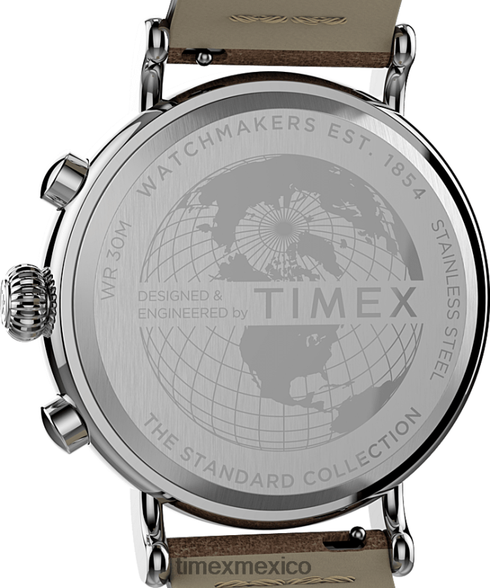 relojes | Timex Reloj cronógrafo estándar de 41 mm con correa de cuero. hombres P08BBP102 tono plateado/bronceado/azul