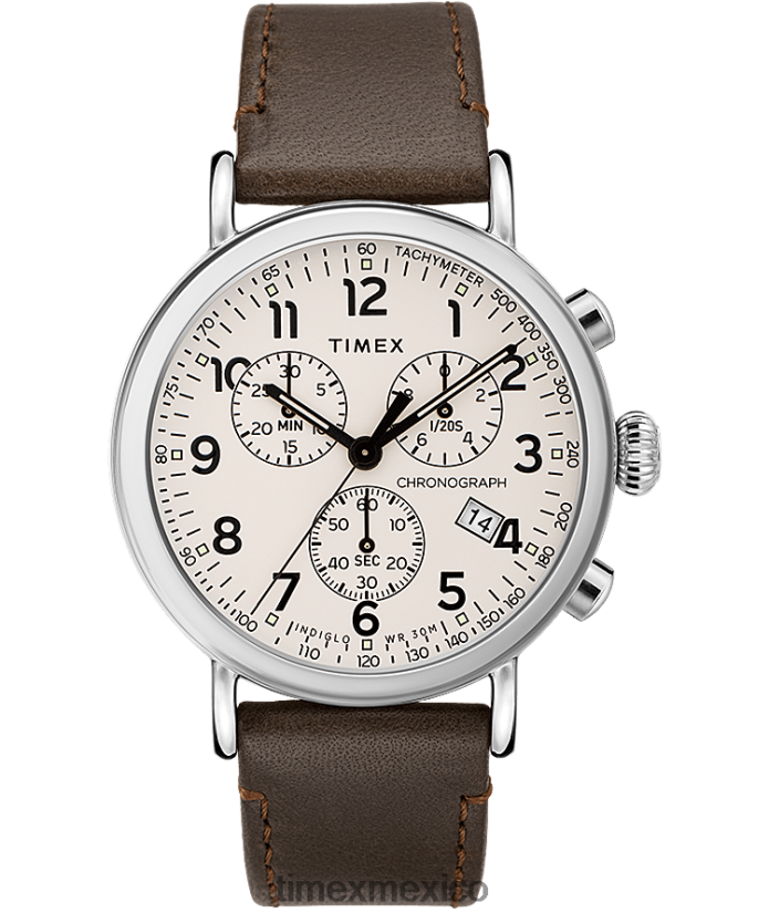 relojes | Timex Reloj cronógrafo estándar de 41 mm con correa de cuero. hombres P08BBP90 tono plateado/marrón/crema