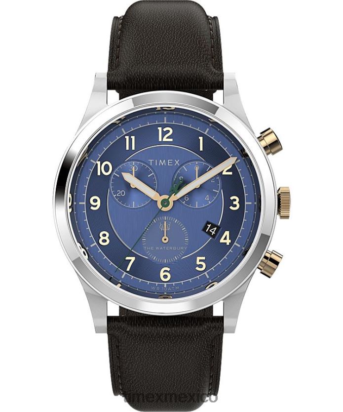 relojes | Timex Reloj cronógrafo tradicional Waterbury de 42 mm con correa de cuero. hombres P08BBP83 acero inoxidable/azul