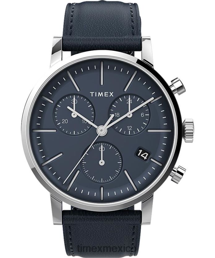 relojes | Timex reloj cronógrafo midtown de 40 mm con correa de cuero hombres P08BBP94 acero inoxidable/azul