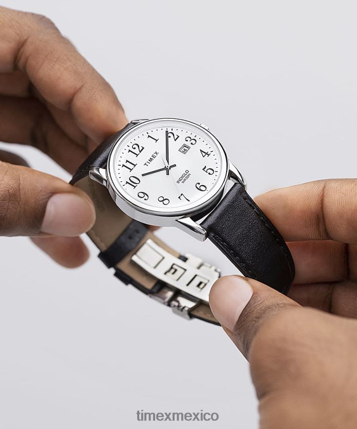 relojes | Timex Reloj Easy Reader de 38 mm con correa de cuero ajustable de una sola vez hombres P08BBP186 tono plateado/negro/blanco