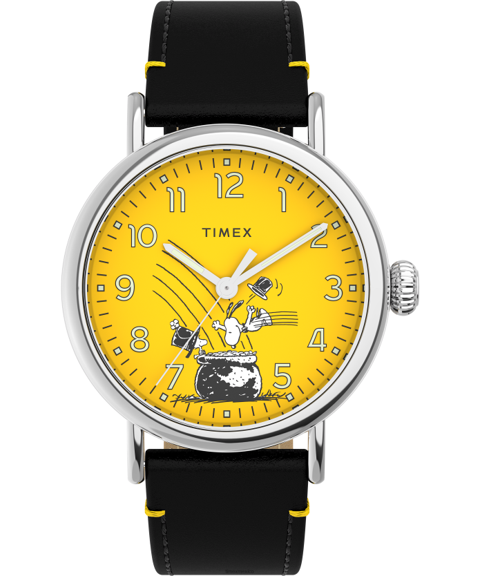 relojes | Timex reloj estándar x cacahuetes con correa de cuero de 40 mm del día de San Patricio de Snoopy hombres P08BBP176 tono plateado/negro/amarillo