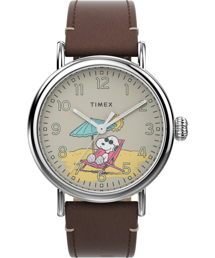 relojes | Timex reloj estándar x cacahuetes con snoopy en la playa con correa de cuero de 40 mm hombres P08BBP225 tono plateado/marrón/bronceado