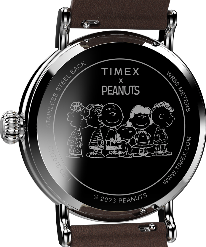 relojes | Timex reloj estándar x cacahuetes con snoopy en la playa con correa de cuero de 40 mm hombres P08BBP225 tono plateado/marrón/bronceado