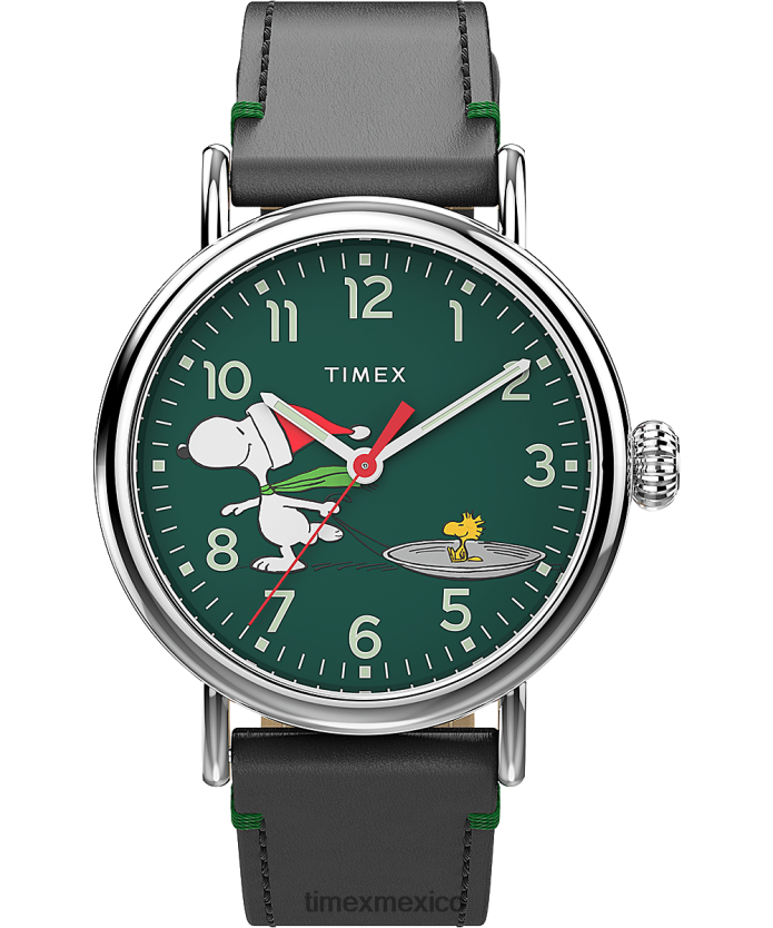 relojes | Timex reloj estándar x cacahuetes con snoopy patinaje sobre hielo de 40 mm con correa de cuero hombres P08BBP184 tono plateado/negro/verde