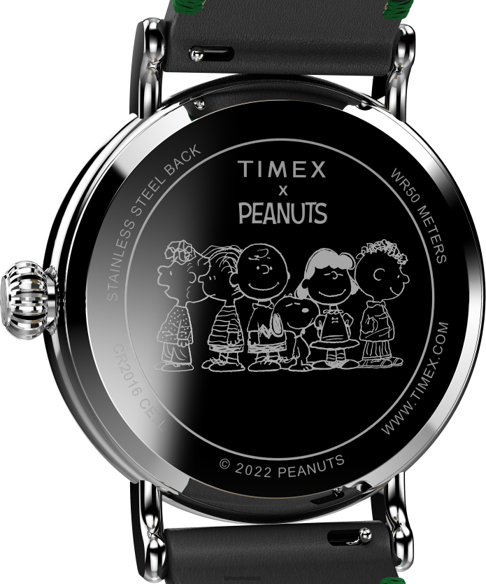 relojes | Timex reloj estándar x cacahuetes con snoopy patinaje sobre hielo de 40 mm con correa de cuero hombres P08BBP184 tono plateado/negro/verde