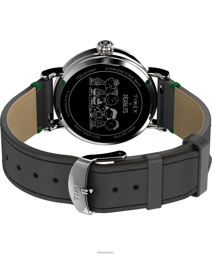 relojes | Timex reloj estándar x cacahuetes con snoopy patinaje sobre hielo de 40 mm con correa de cuero hombres P08BBP184 tono plateado/negro/verde