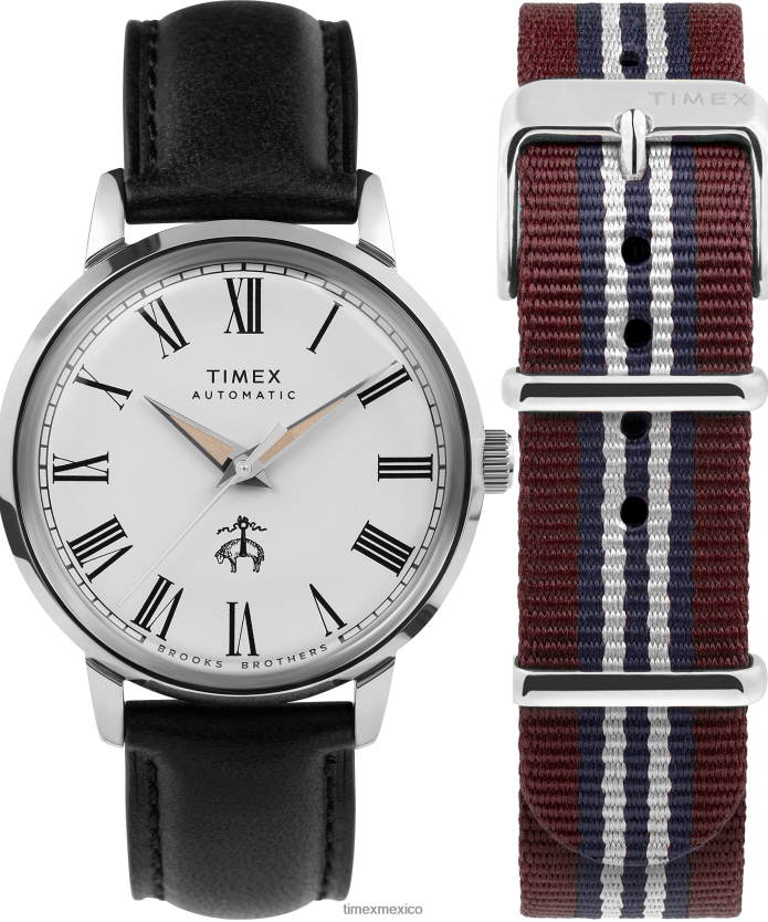 relojes | Timex x Brooks Brothers Marlin automático de 38 mm con correa de cuero y correa de tela hombres P08BBP174 acero inoxidable/negro/crema