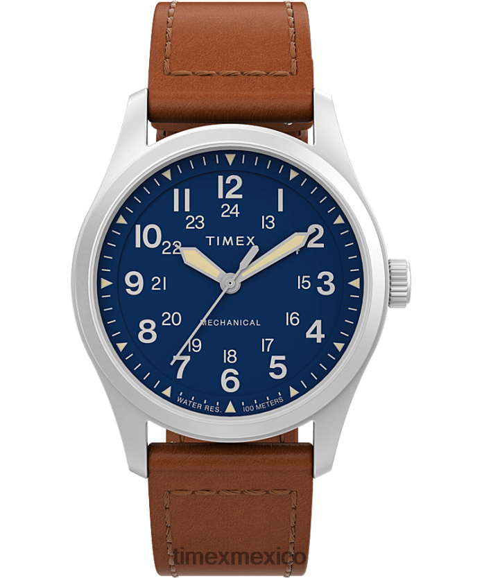 relojes | Timex Expedition North Field Post Reloj mecánico de 38 mm con correa de cuero ecológico hombres P08BBP34 acero inoxidable/marrón/azul