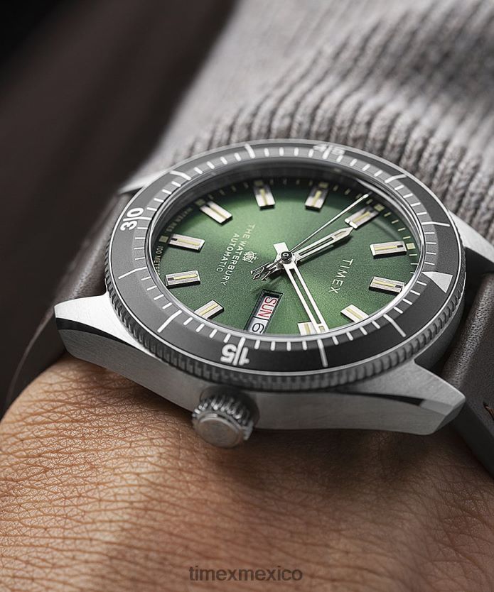 relojes | Timex reloj waterbury dive automático de 40 mm con correa de cuero hombres P08BBP21 acero inoxidable/marrón/verde/negro