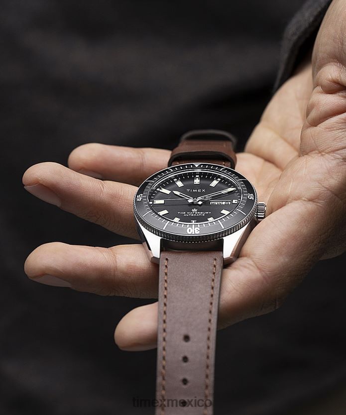 relojes | Timex reloj waterbury dive automático de 40 mm con correa de cuero hombres P08BBP33 acero inoxidable/marrón/negro
