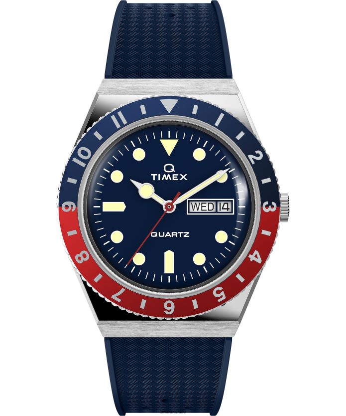 relojes | Q Timex Reloj con correa de caucho sintético de 38 mm. hombres P08BBP72 acero inoxidable/azul