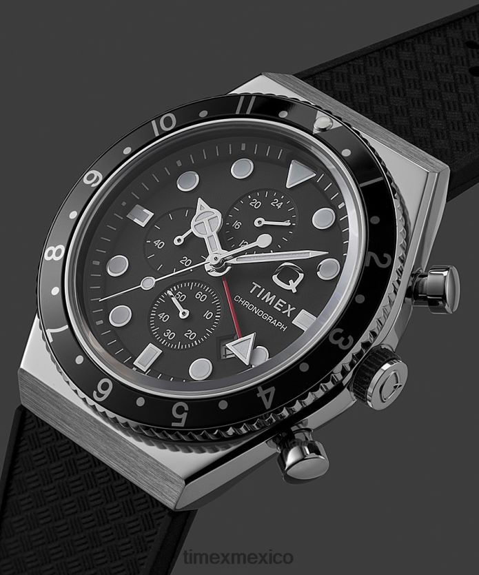 relojes | Q Timex Reloj cronógrafo de tres zonas horarias de 40 mm con correa de caucho sintético hombres P08BBP62 acero inoxidable/negro