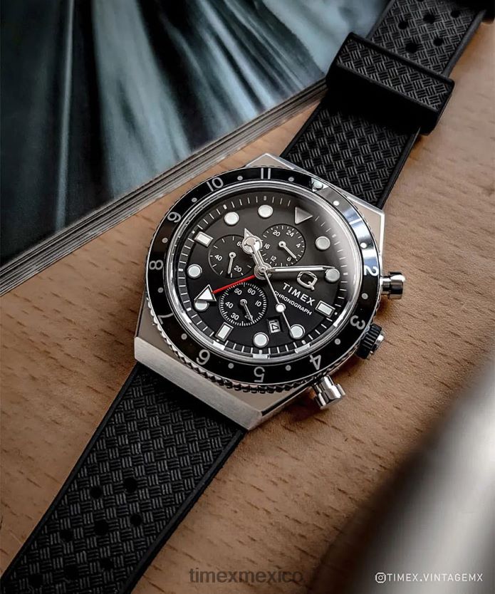 relojes | Q Timex Reloj cronógrafo de tres zonas horarias de 40 mm con correa de caucho sintético hombres P08BBP62 acero inoxidable/negro