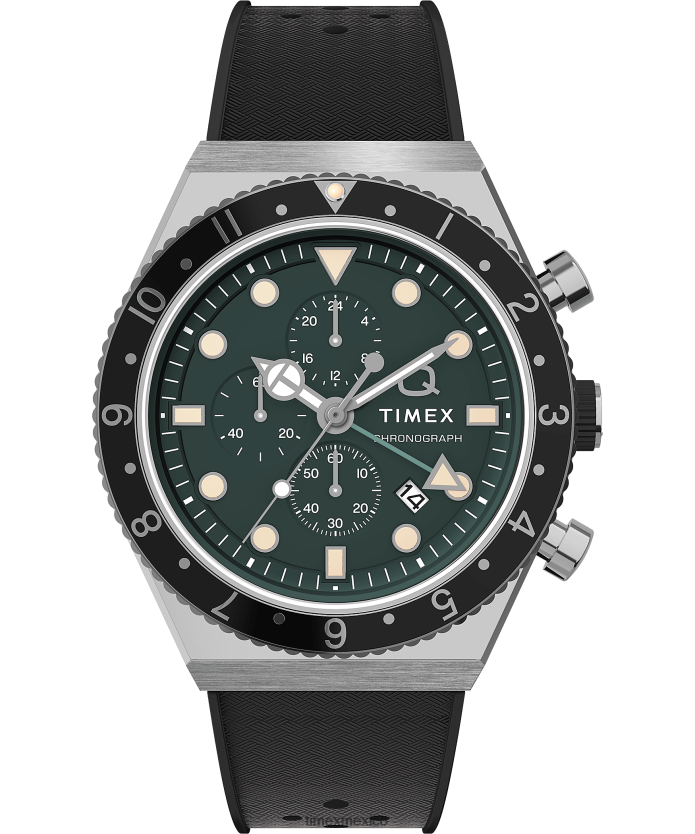 relojes | Q Timex Reloj cronógrafo de tres zonas horarias de 40 mm con correa de caucho sintético hombres P08BBP63 acero inoxidable/negro/verde