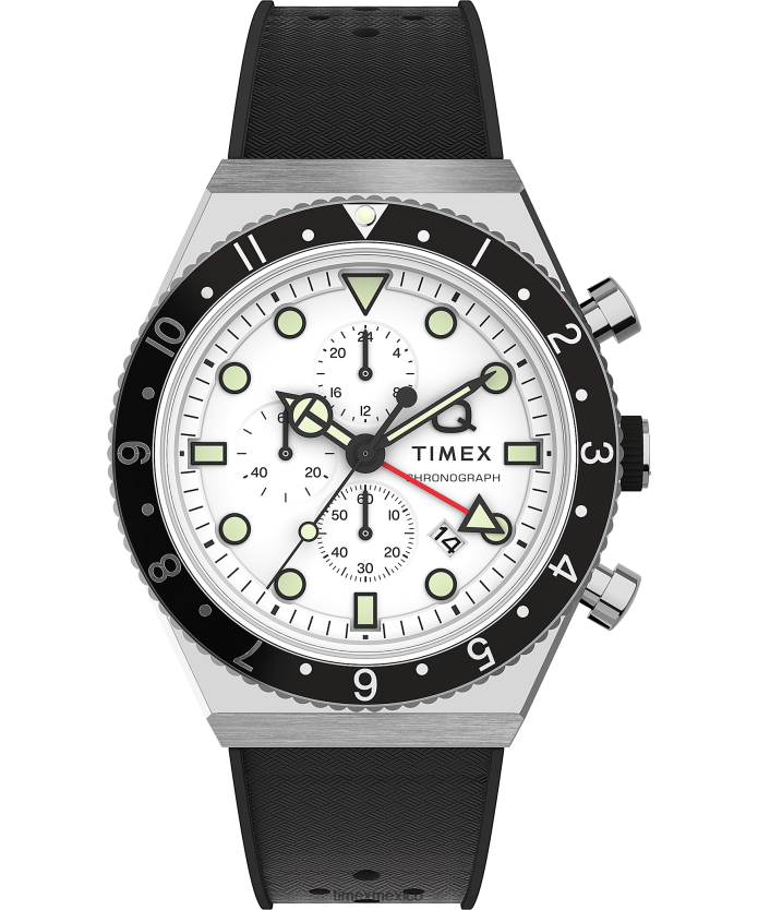 relojes | Q Timex Reloj cronógrafo de tres zonas horarias de 40 mm con correa de caucho sintético hombres P08BBP64 acero inoxidable/negro/blanco