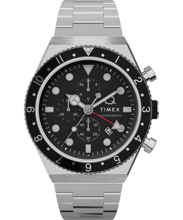 relojes | Q Timex Reloj cronógrafo de tres zonas horarias de 40 mm con pulsera de acero inoxidable hombres P08BBP61 acero inoxidable/negro/otro