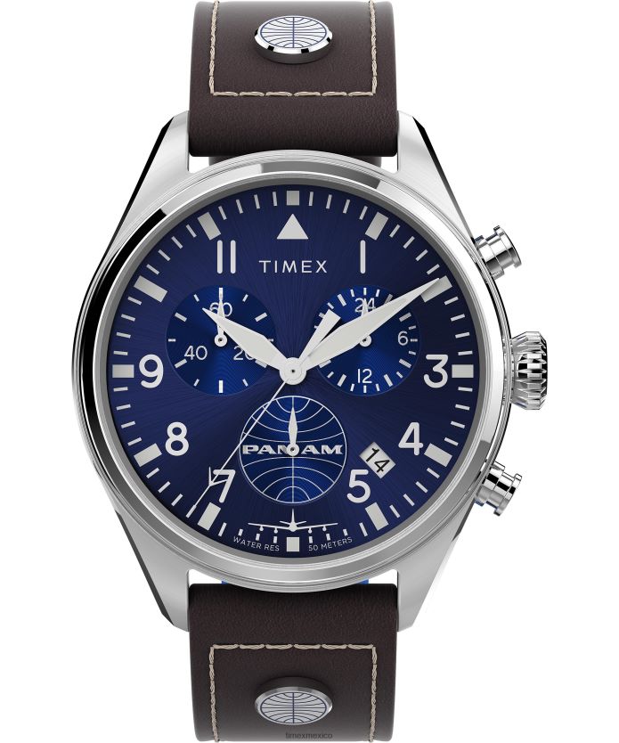 relojes | Timex x Reloj cronógrafo pan am de 42 mm con correa de piel. hombres P08BBP80 acero inoxidable/marrón/azul