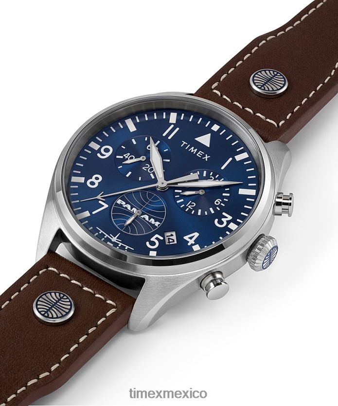 relojes | Timex x Reloj cronógrafo pan am de 42 mm con correa de piel. hombres P08BBP80 acero inoxidable/marrón/azul