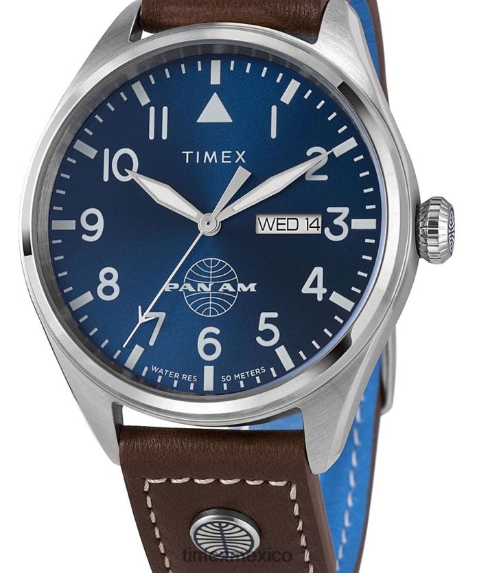 relojes | Timex x reloj pan am day-date de 42 mm con correa de cuero hombres P08BBP81 acero inoxidable/marrón/azul