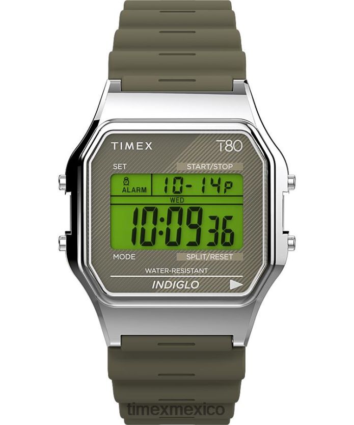 relojes | Timex reloj t80 de 34 mm con correa de resina hombres P08BBP267 tono plateado/verde
