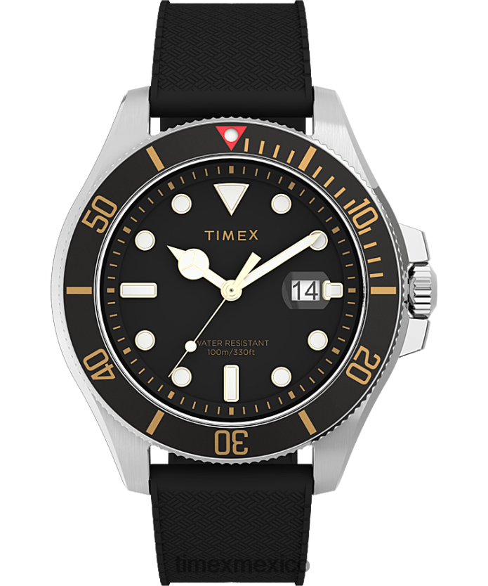 relojes | Timex Reloj Harbourside Coast de 43 mm con correa de caucho hombres P08BBP130 tono plateado/negro
