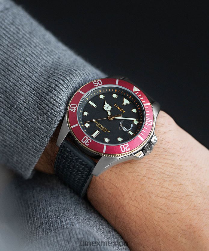 relojes | Timex Reloj Harbourside Coast de 43 mm con correa de caucho hombres P08BBP131 tono plateado/negro/rojo