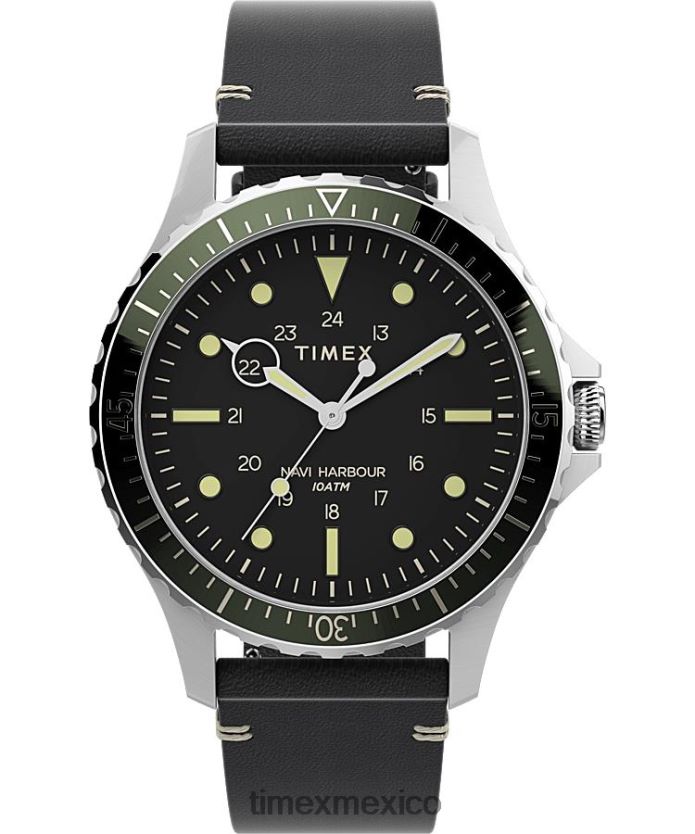 relojes | Timex reloj navi xl de 41 mm con correa de cuero hombres P08BBP116 acero inoxidable/negro/verde