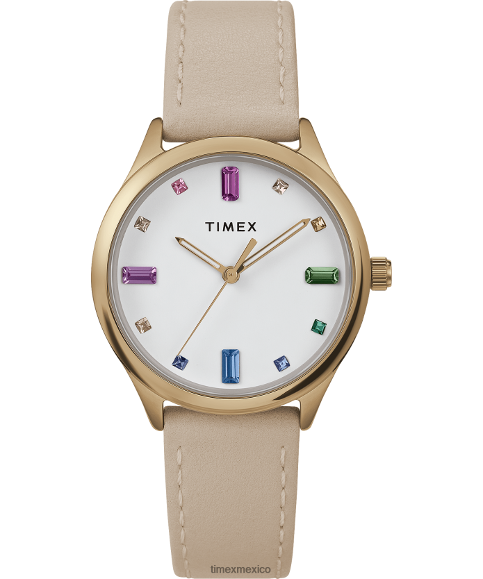 relojes | Timex Reloj moderno de vestir con correa de cuero de 32 mm. mujer P08BBP386 tono dorado/bronceado/blanco